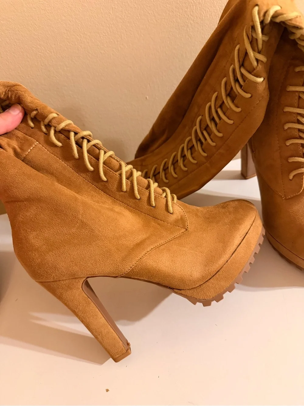 Suede Lace-Up Over-the-Knee Boots - Tan
